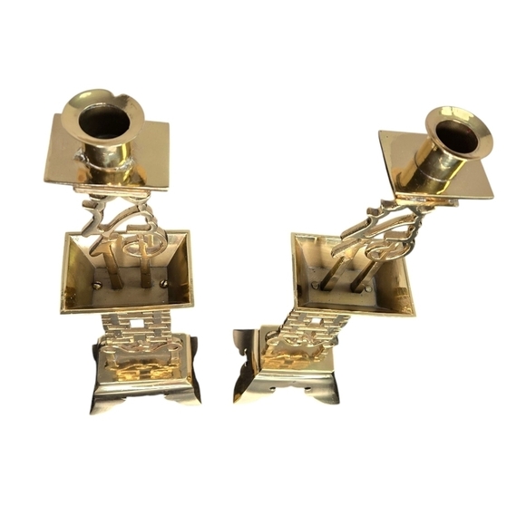 Set Of 2 Vintage 15" Tall Brass Chinese Candle Holders, Chinoiserie Candlesticks - Picture 8 of 15